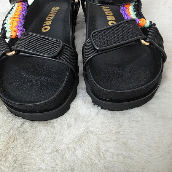 NEW Sandro Paris Black Crochet Shell Platform Sport Sandals Noir Leather EU 37 - Picture 10 of 16